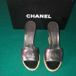 Authentic Chanel Black Leather CC Logo Slide  Mule Wedge Sandals, Size 36.